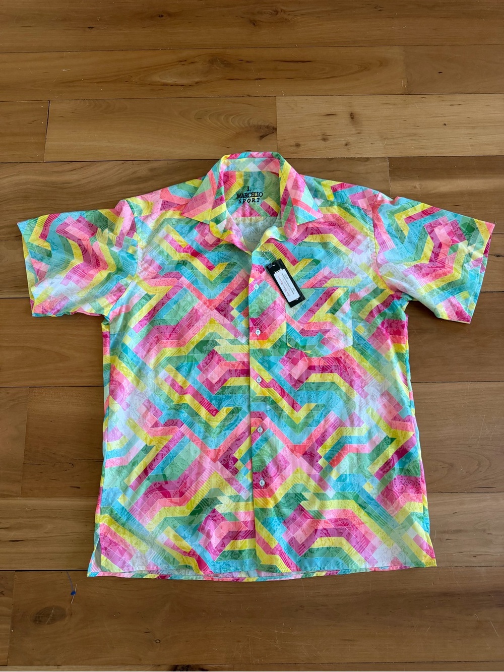 Marcello Sport Multicolor Zigzag Geometric Short Sleeve Button-Up Shirt Cotton L